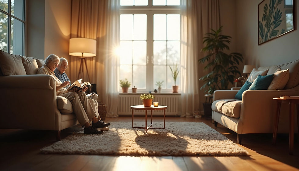 Eye-level view of a cozy living room with a comfortable armchair and soft lighting