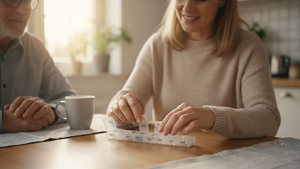 Close-up view of a caregiver setting up a medication organizer on a kitchen table