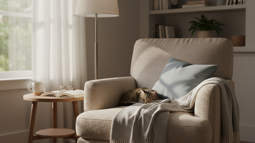 Close-up view of a cozy reading nook with a comfortable chair and soft lighting