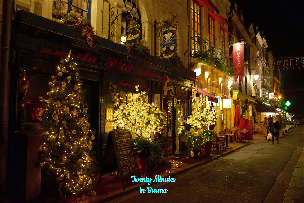 Lit Christmas trees adorn a cozy street at night. Warm storefronts glow with festive lights. Honfleur, France