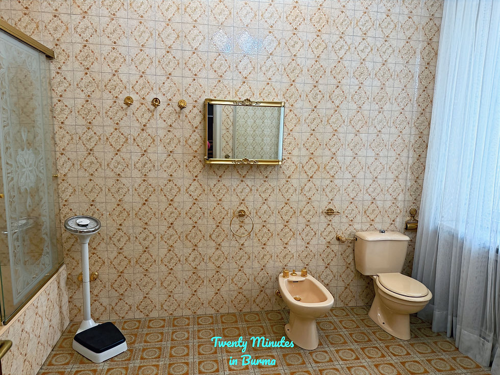 A vintage bathroom with patterned tiles, a pedestal scale, a bidet, toilet, and gold-framed mirror. Soft beige tones and sheer curtains. Casa Ceaușescu, Bucharest, Romania