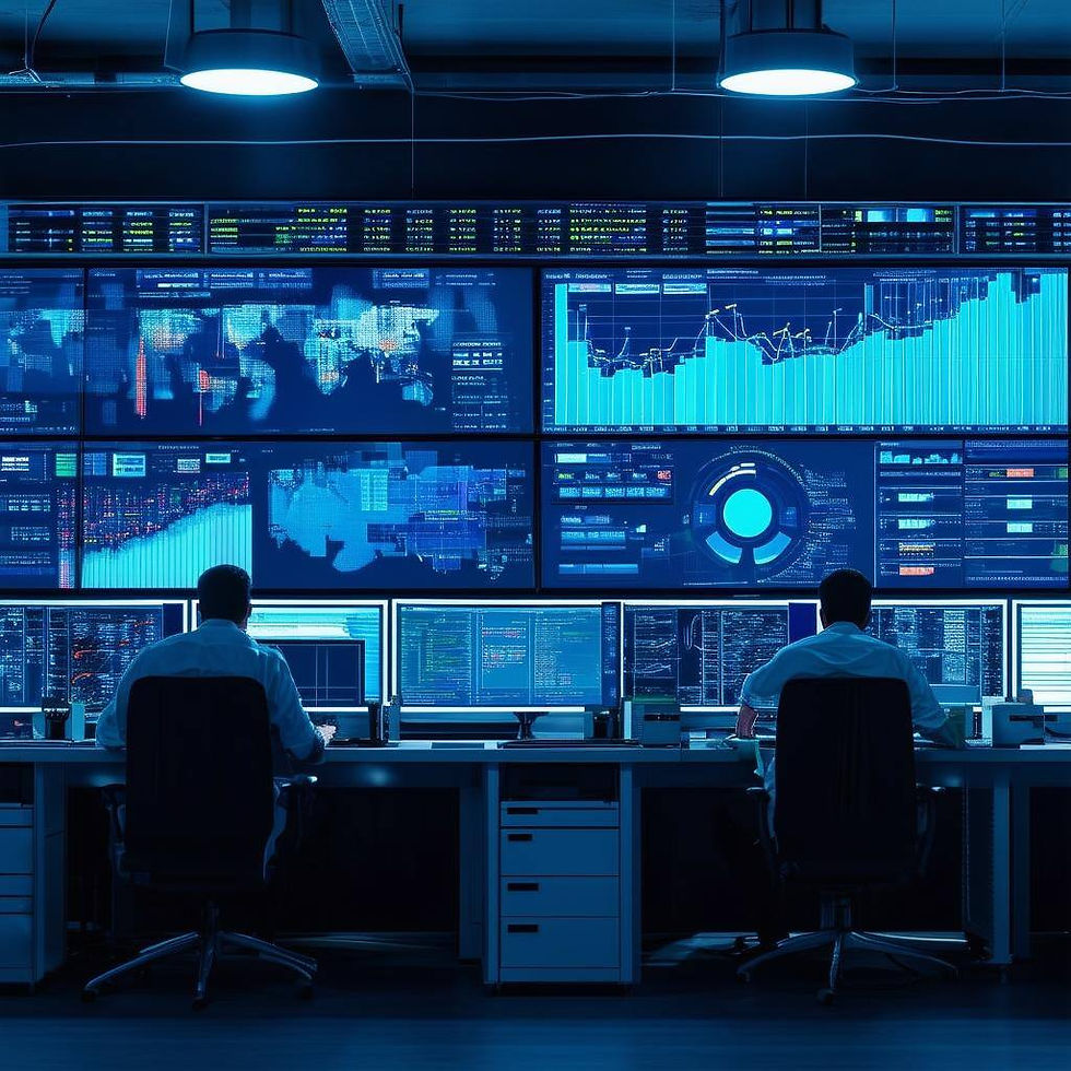 An image of a network operations center with multiple screens displaying real-time monitoring data, graphs, and alerts