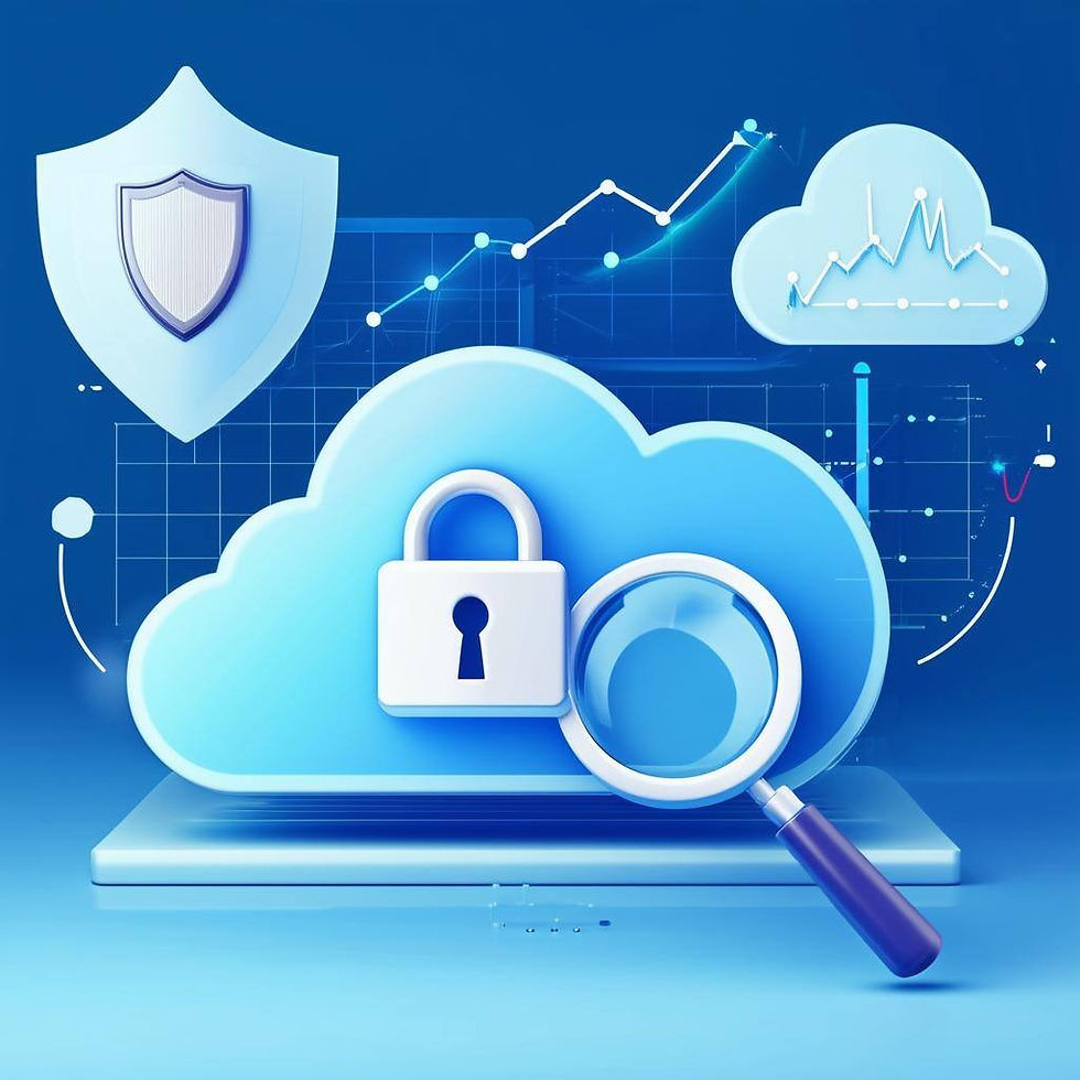 a cloud security depiction with a lock and magnifying glass