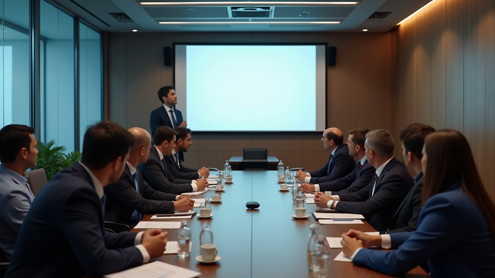High angle view of a conference room with a presentation on AI
