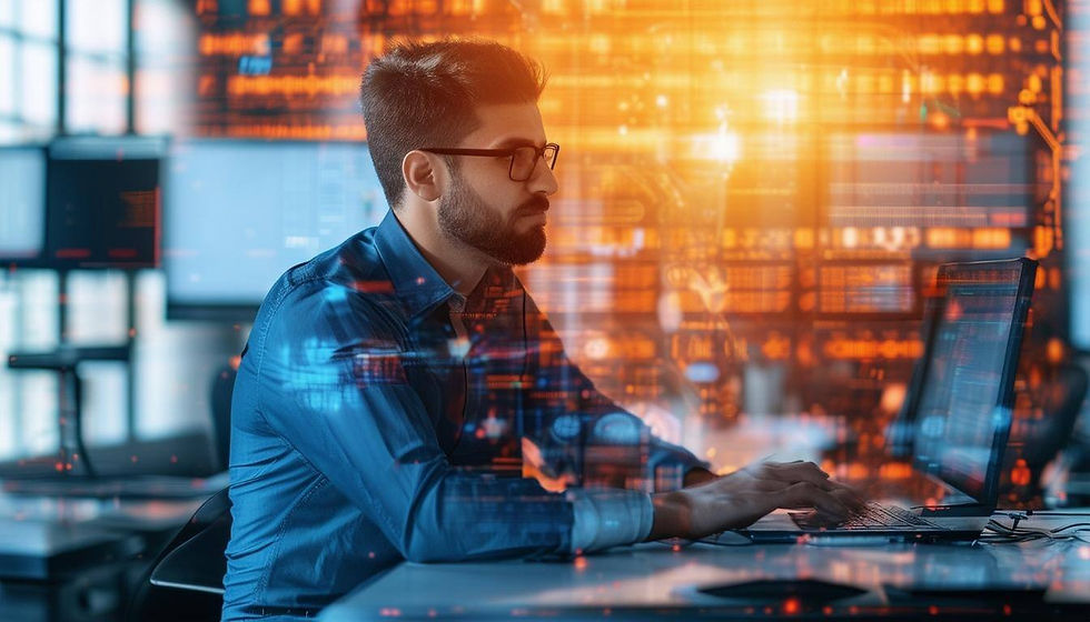 an employee working on a computer while images of cyber threats surround him