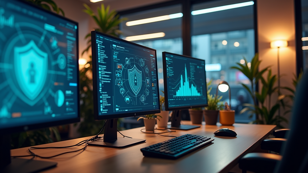 Eye-level view of a modern office workspace with multiple computer screens