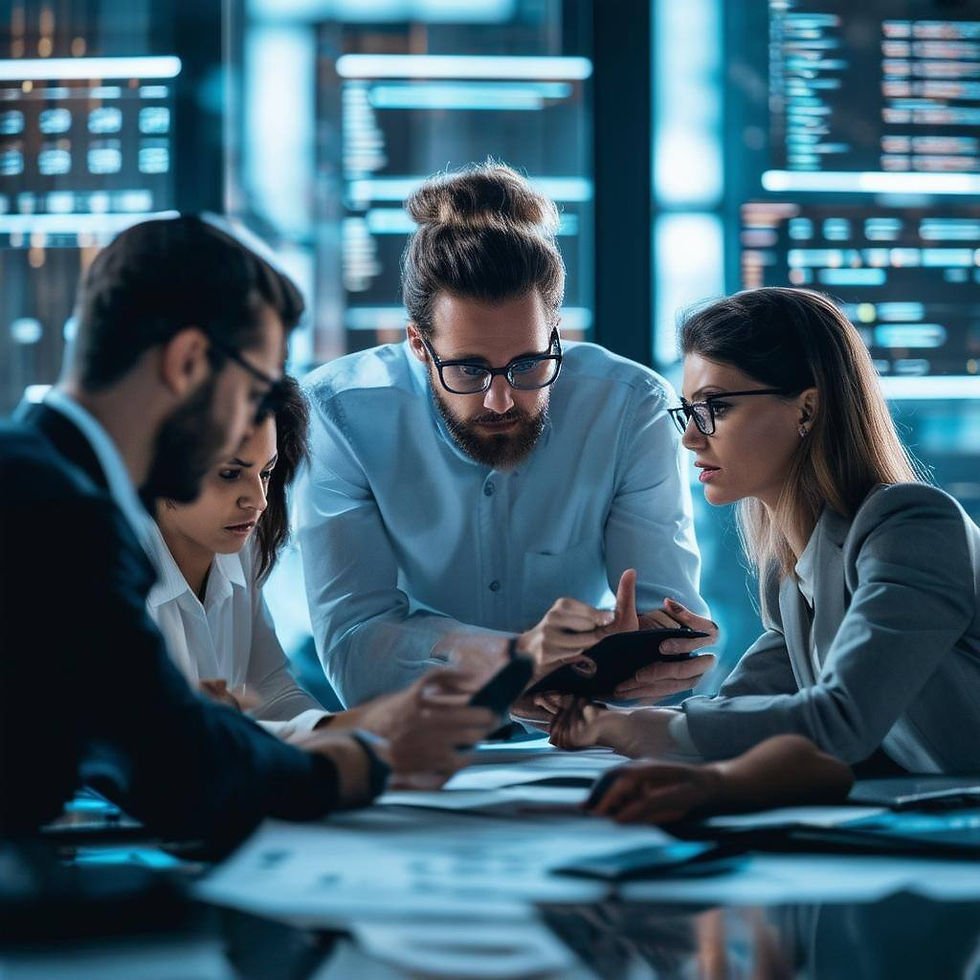 An image of a team of IT professionals, legal advisors, and communication experts working together to respond to a cybersecurity breach