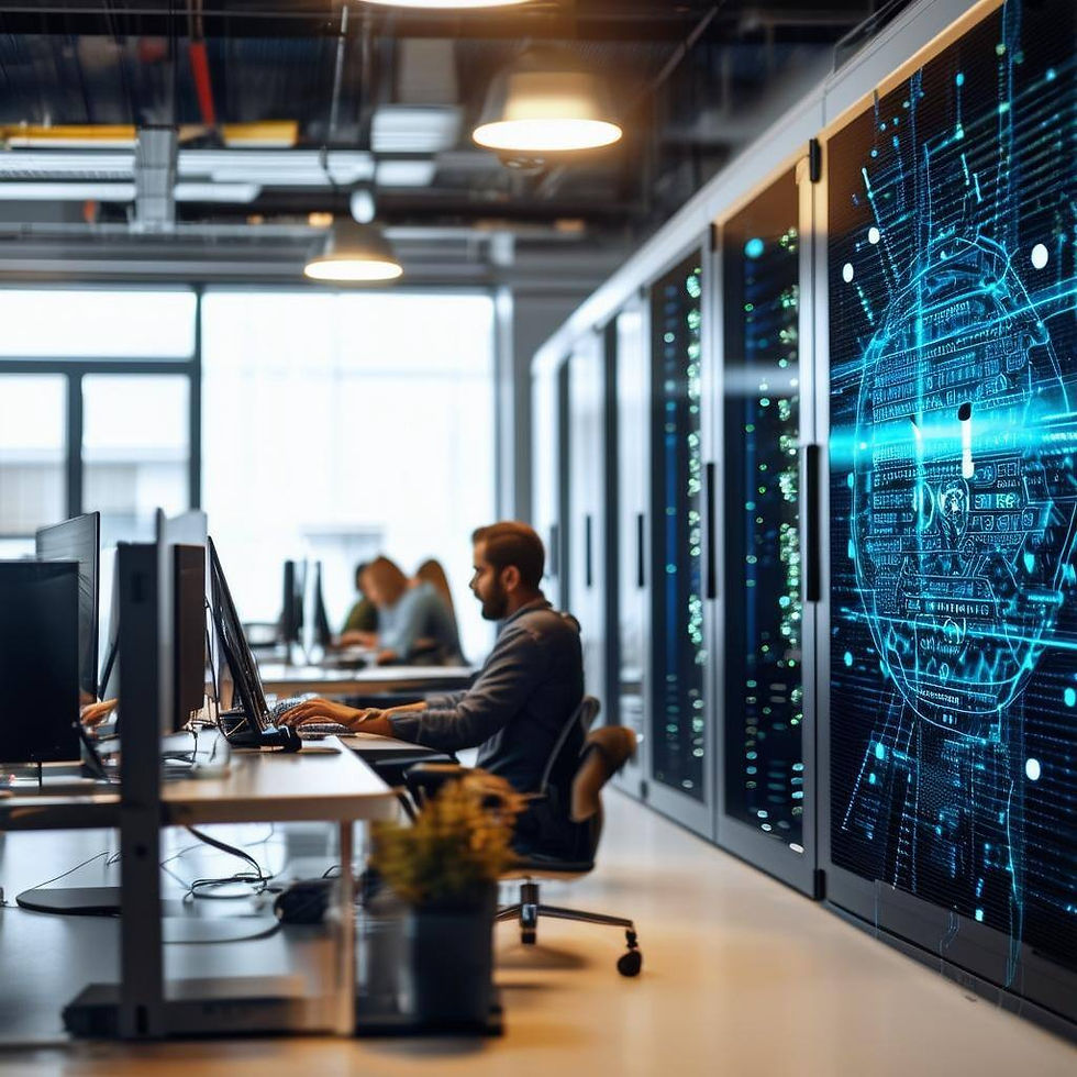 A small business office setting with employees working on computers, a server room in the background, and a cybersecurity poster on the wall