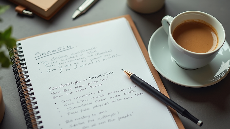 High angle view of a notebook and coffee cup on a desk with marketing notes