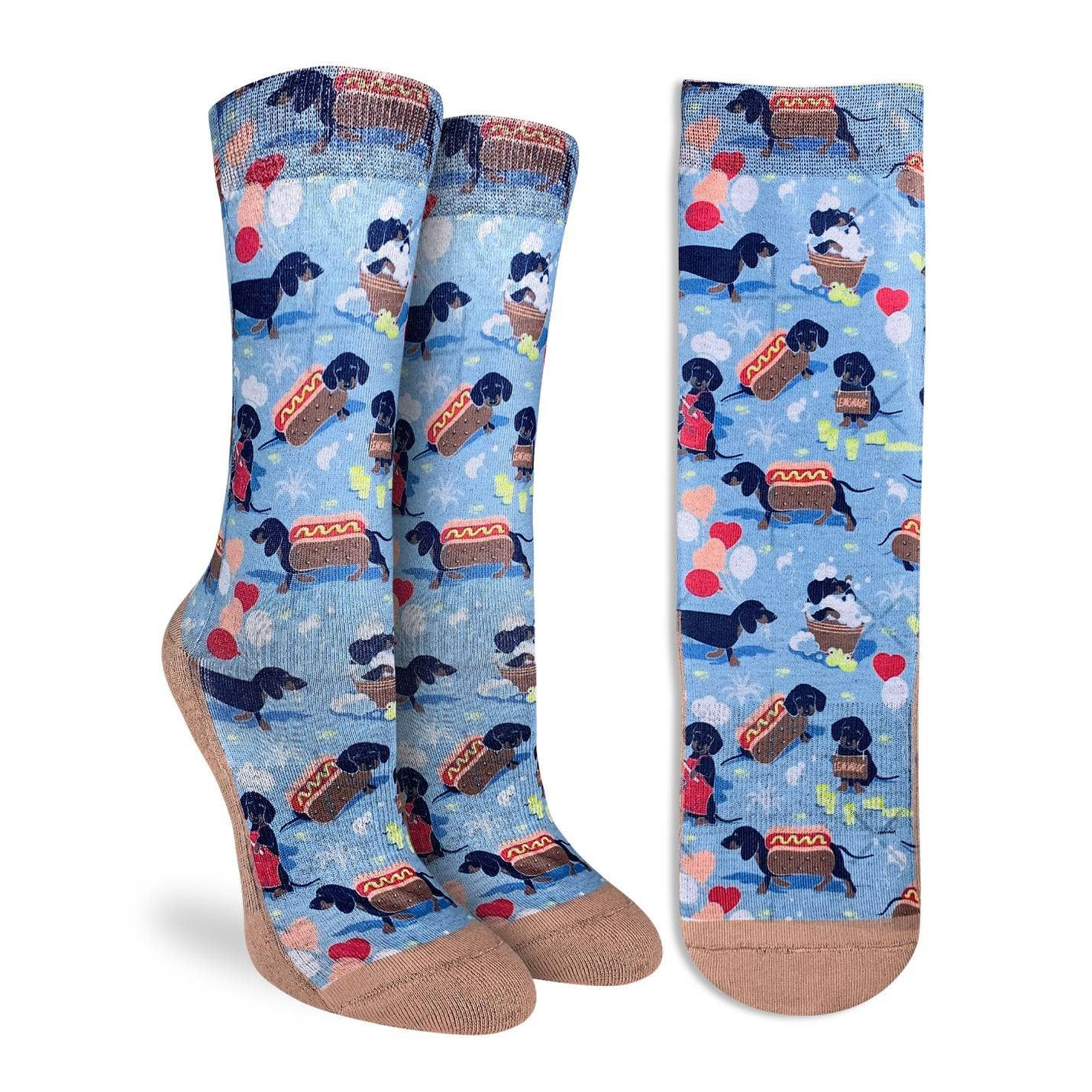 Blue socks with dachshund and hot dog pattern.