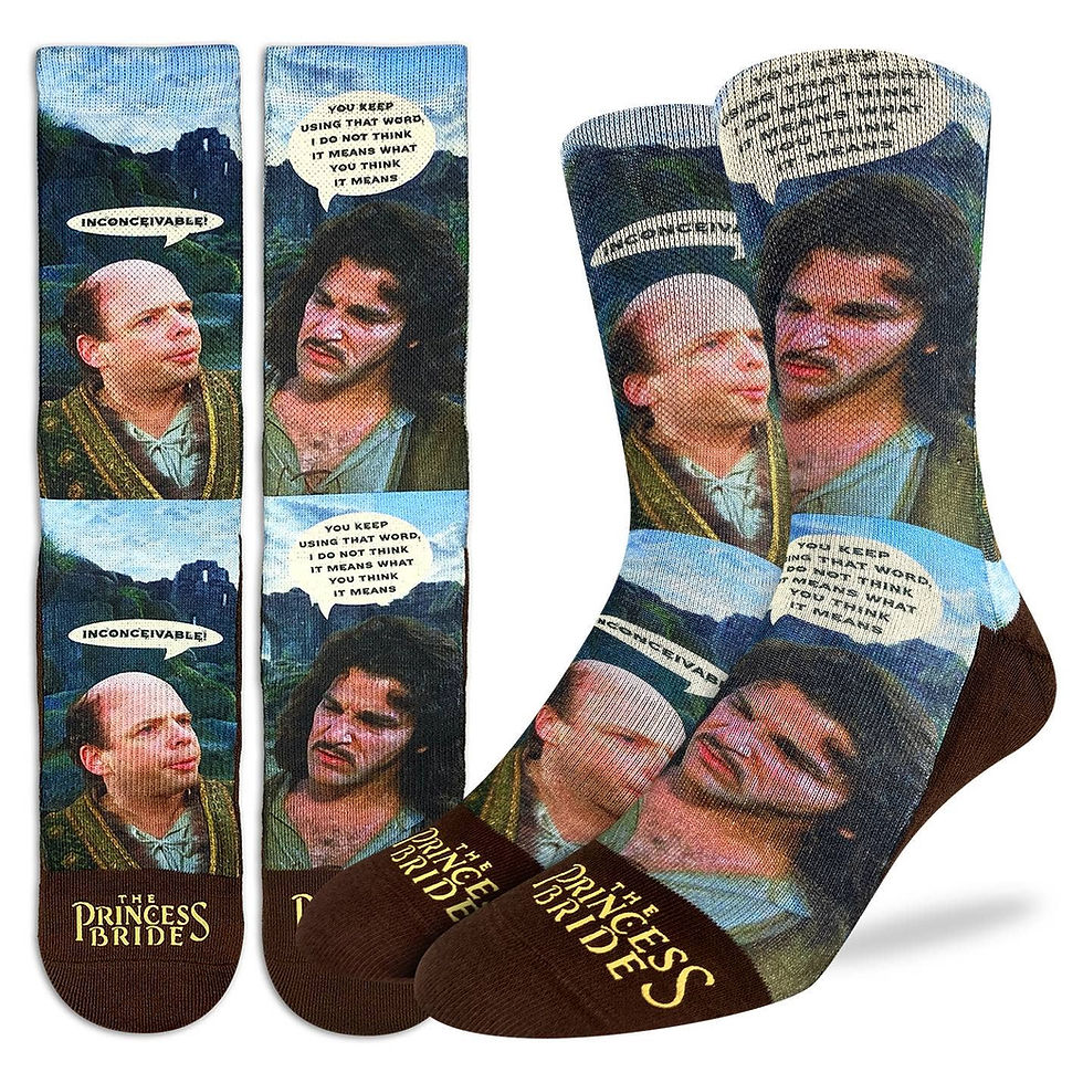 Princess Bride socks featuring Vizzini and Inigo Montoya.