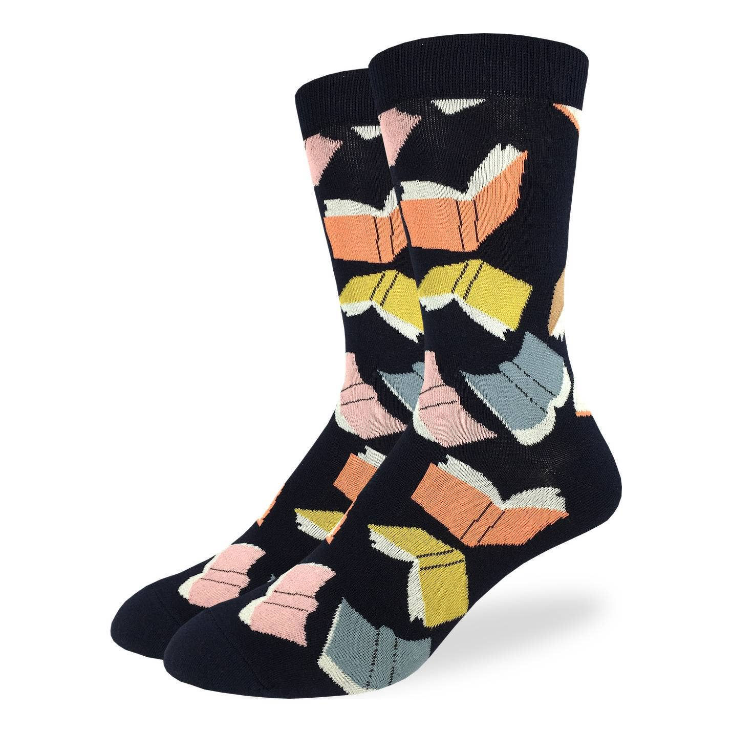 Black crew socks with a pattern of open colorful books