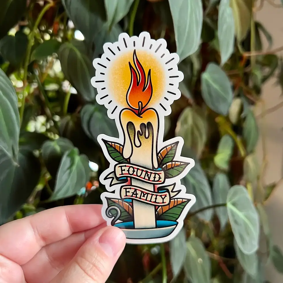 Found Family sticker with a lit candle and leaves by Creepy Crayon