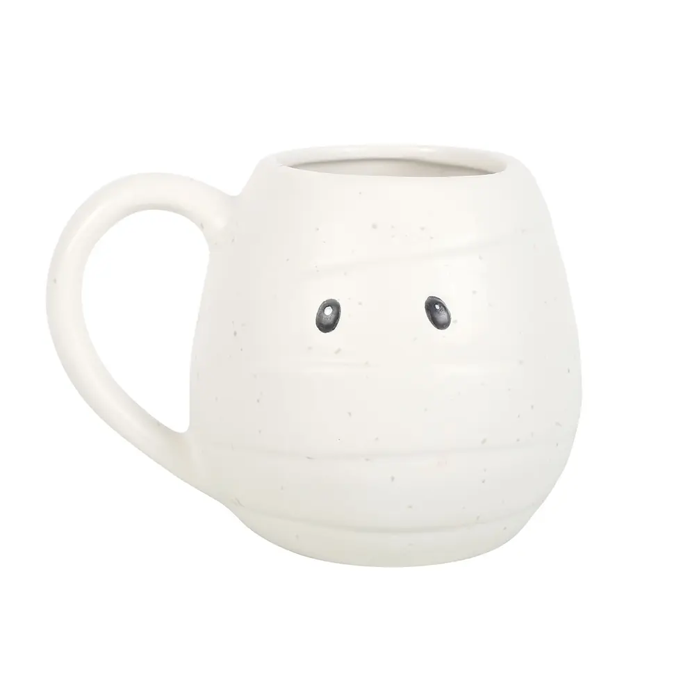 White mummy mug with small black eyes