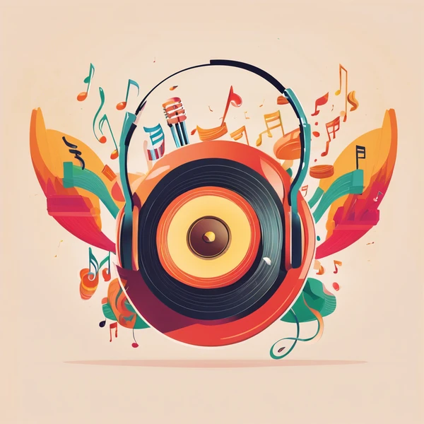 a logo generated by an AI that depicts music, sounds and some sort of speaker cone with colours 