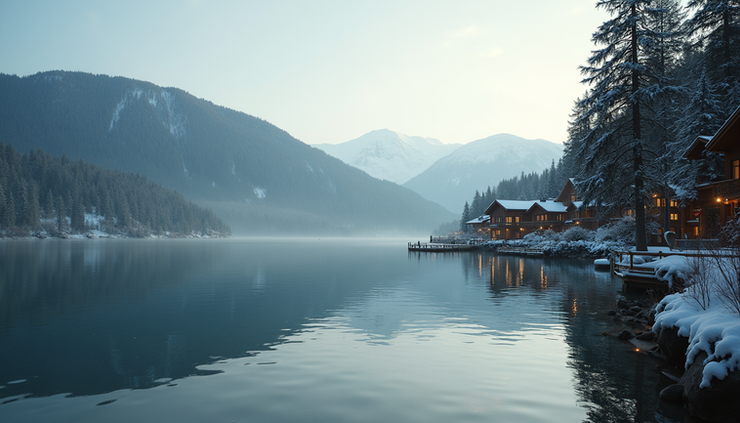 Eye-level view of a serene lakeside resort in the Okanagan with wellness amenities