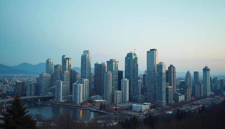 Eye-level view of Vancouver city skyline with modern tech office buildings