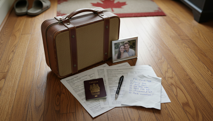 Overhead view of a suitcase beside Canadian immigration documents on a wooden floor