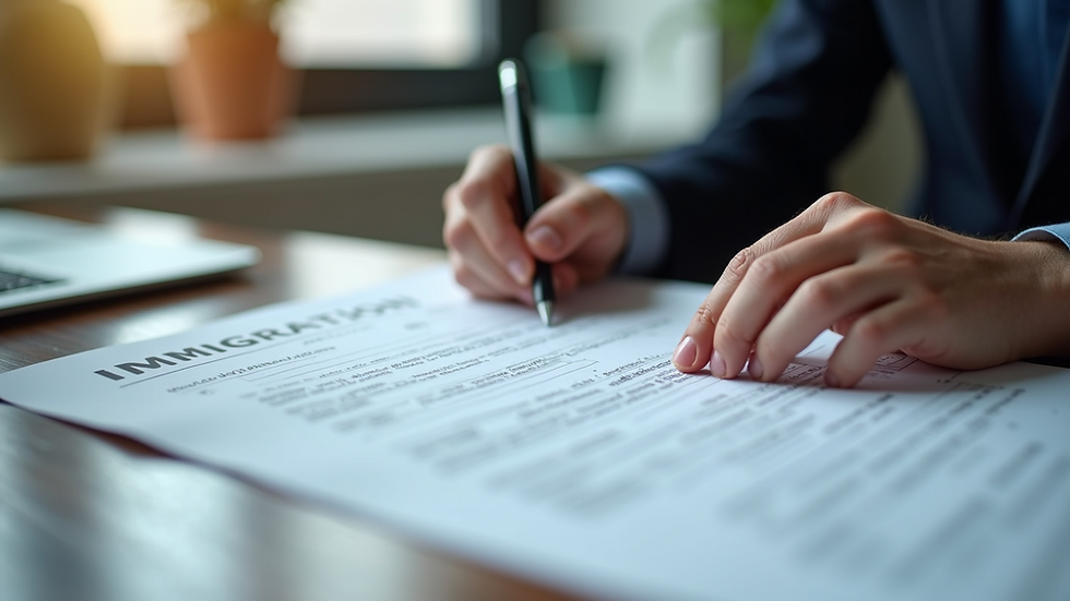 Close-up view of hands organizing immigration documents on a desk
