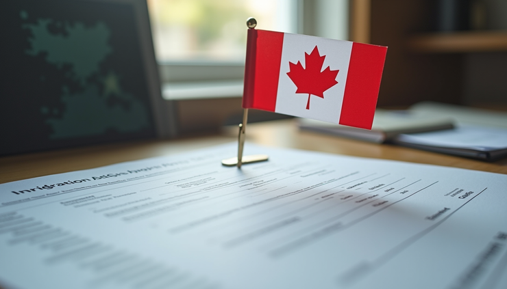 Close-up view of immigration forms and Canadian flag on a desk