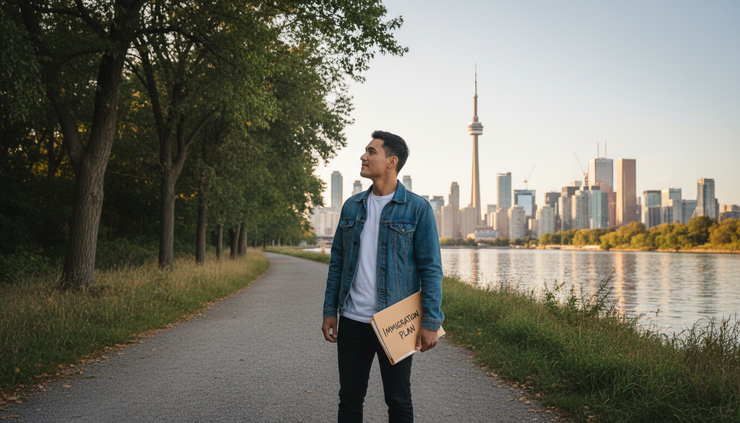 Wide-angle view of a Canadian city skyline seen from a quiet riverside path