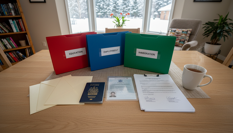Wide-angle view of neatly arranged immigration and university documents on a dining table