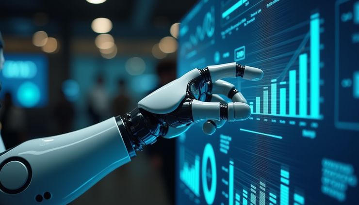 Eye-level view of a sleek robotic arm interacting with a digital interface displaying business data