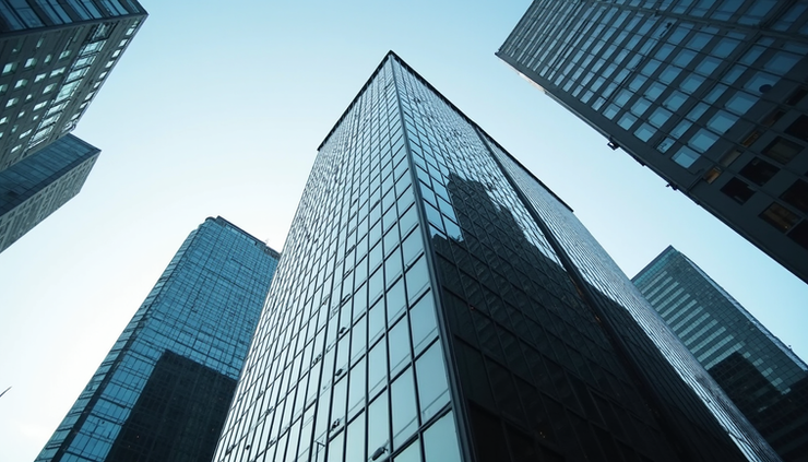 Eye-level view of a modern office building in Vancouver, BC, with clear skies