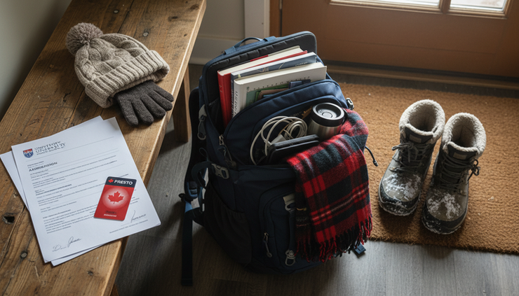 Overhead view of a packed backpack beside winter boots and admission papers