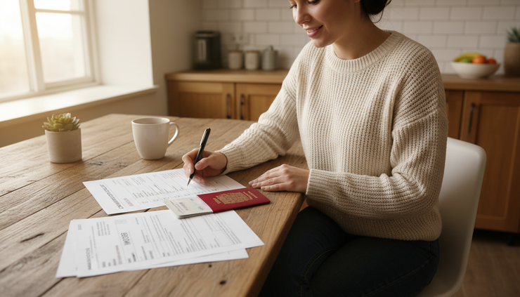 Eye-level view of a person reviewing a Canadian immigration checklist at a kitchen table