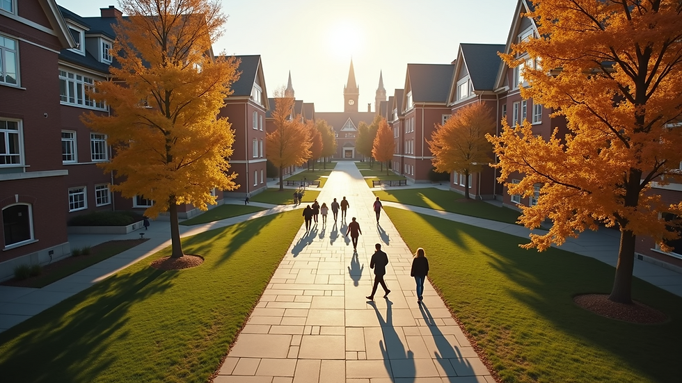 High angle view of a Canadian university campus with students walking