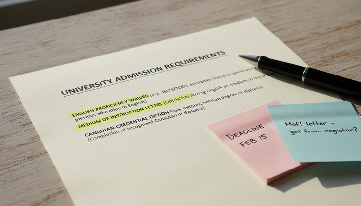 Close-up view of a university checklist marked with English waiver options