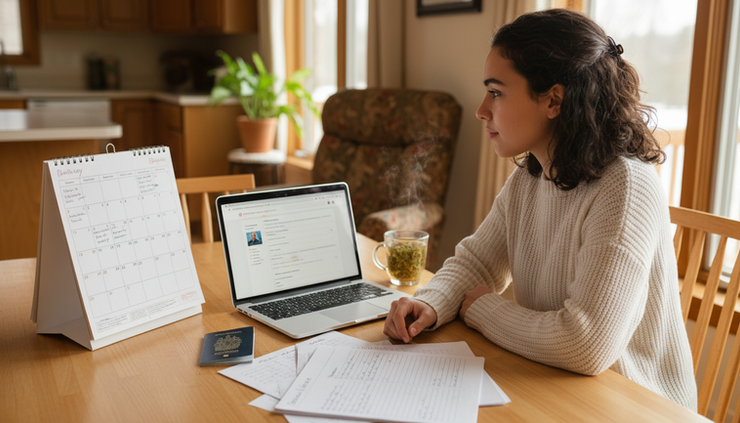 Eye-level view of a student checking a calendar beside a passport and study notes