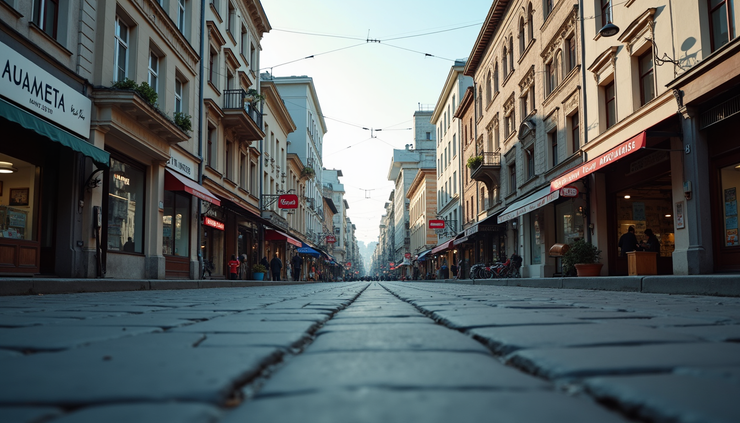 Eye-level view of Fraser Street with South Hill shops and street signs