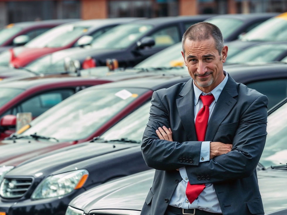 Stereotypical used car salesman with crossed arms, representing the consumer trust recession in modern sales and marketing.