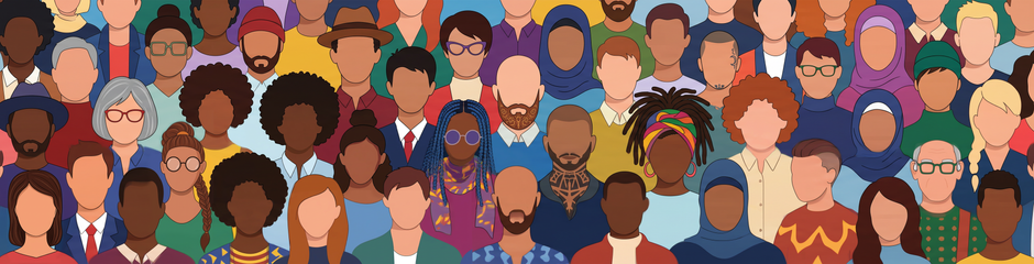 Vector illustration of a diverse, global community of men and women from all backgrounds standing together for the OCD Lab online support group.