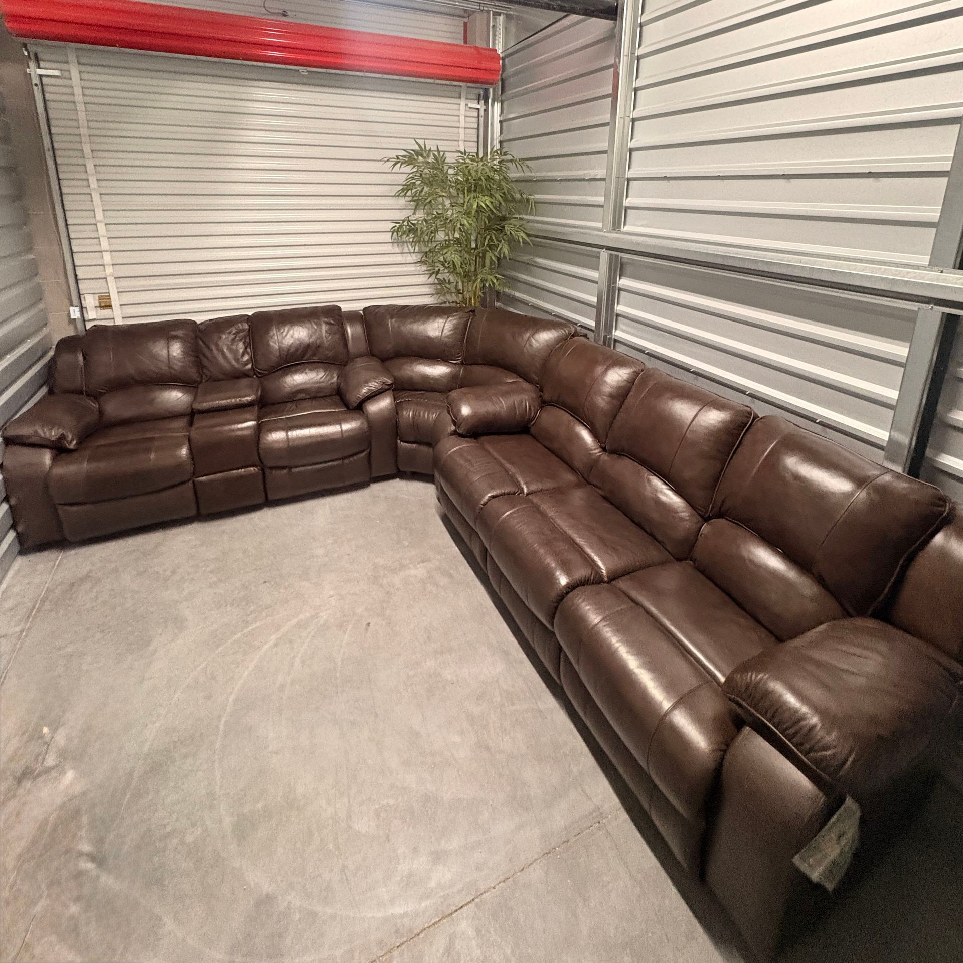 Brown leather manual recliner sectional