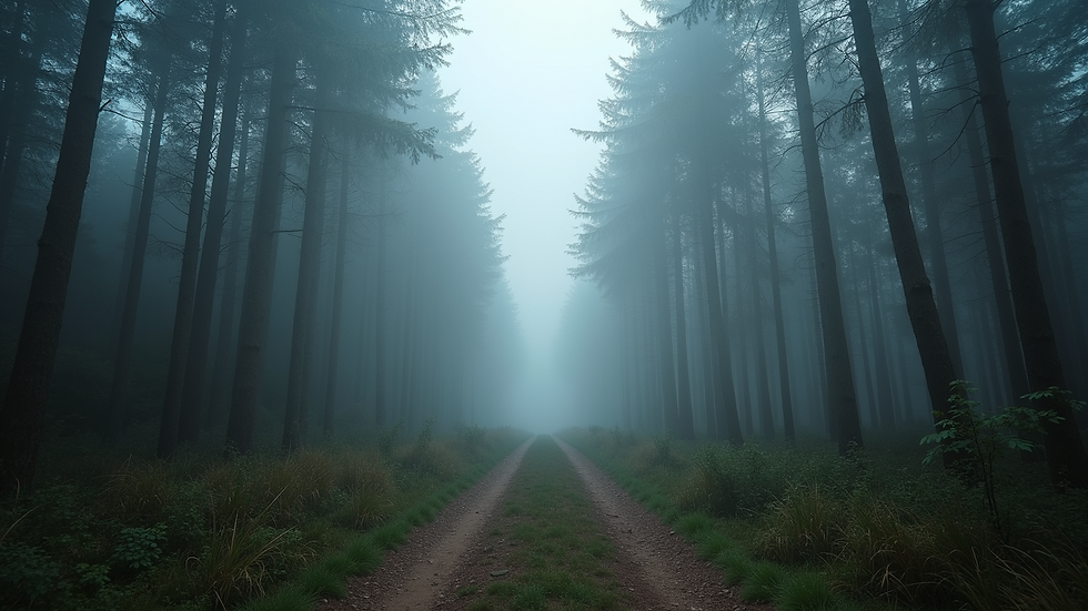 Eye-level view of a foggy forest path