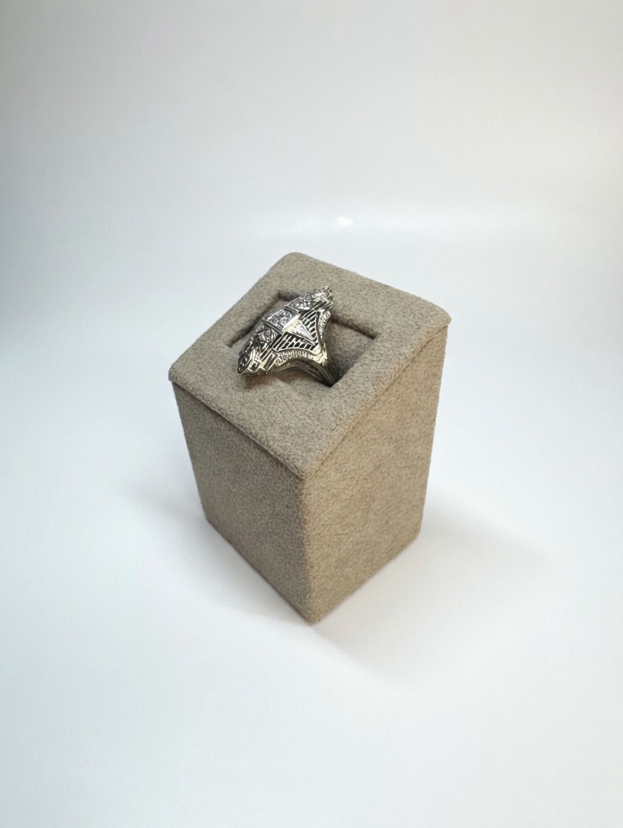 Thumbnail: 1930s White Gold Diamond Filigree Shield Ring, Size 6