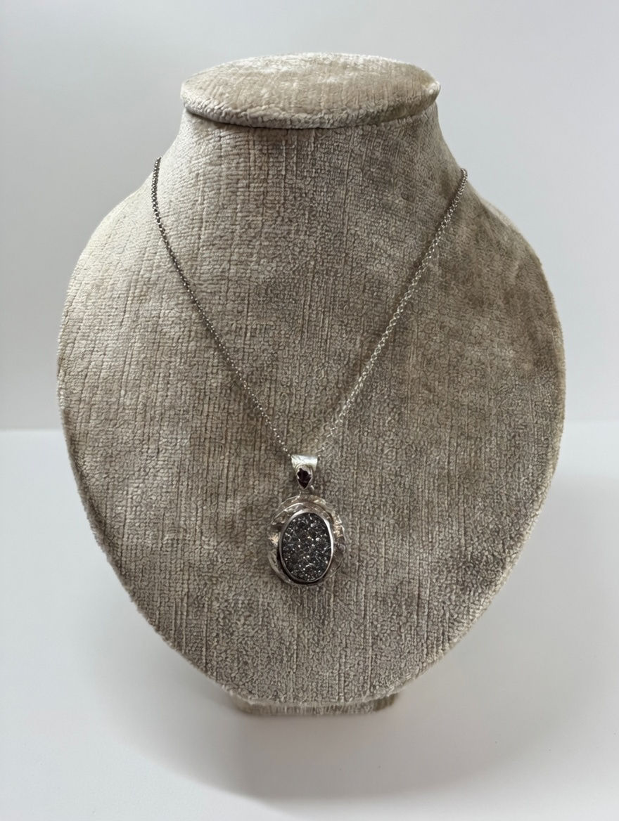 Thumbnail: Titanium Filmed Quartz Druzy & Garnet Silver Necklace