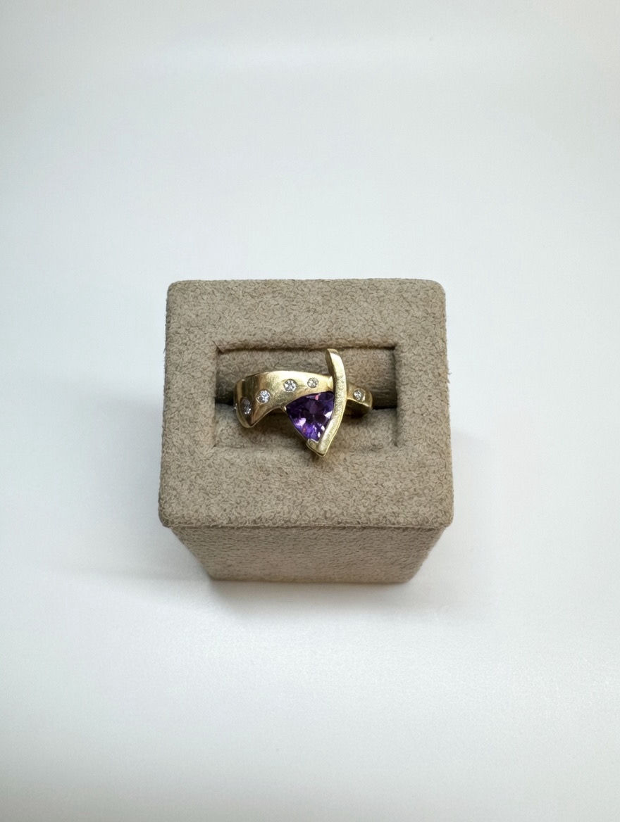 Funky Futuristic Amethyst & Diamond Gold Ring, Size 6