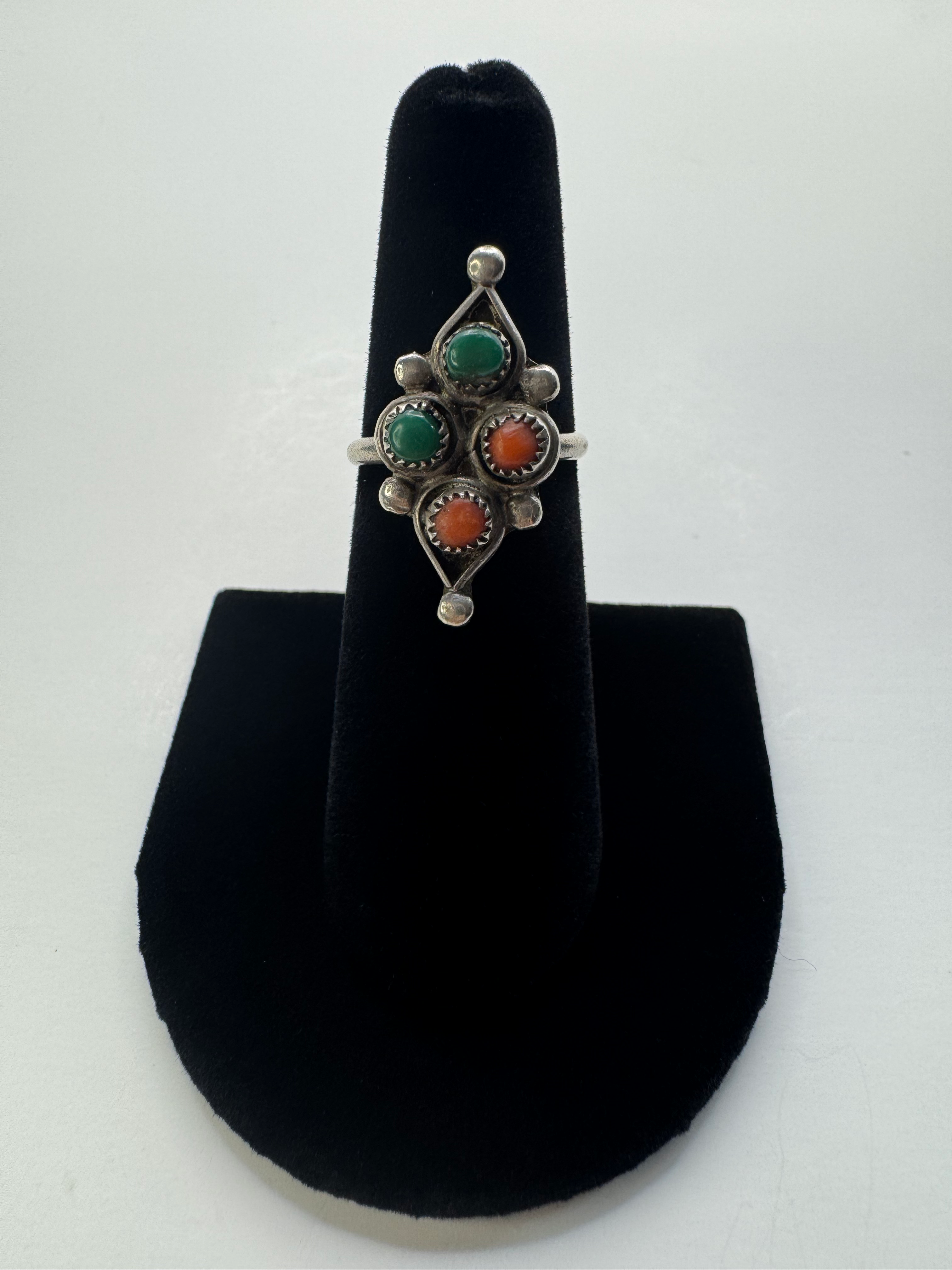 Green Turquoise & Coral Silver Ring