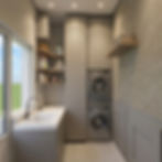 Budget utility room transformation Ireland — stacked appliances oak shelving matte black tap