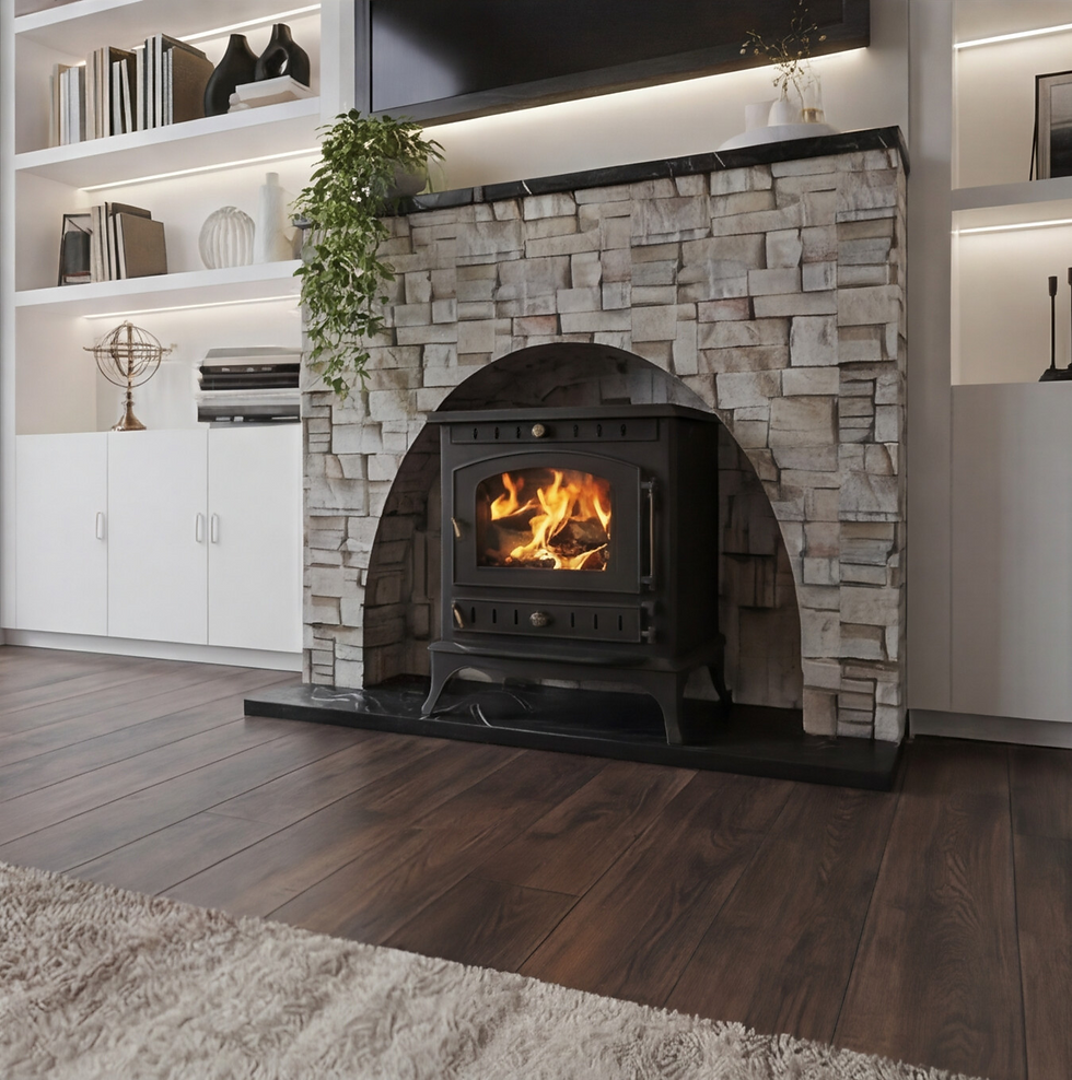 Living room with wood stove and stone fireplace design