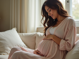 A pregnancy woman sitting on a couch