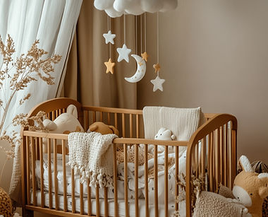 Cream and tan baby crib with moon and stars mobile