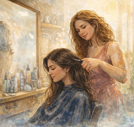 An illustration of a woman getting her hair cut by a hairdresser.