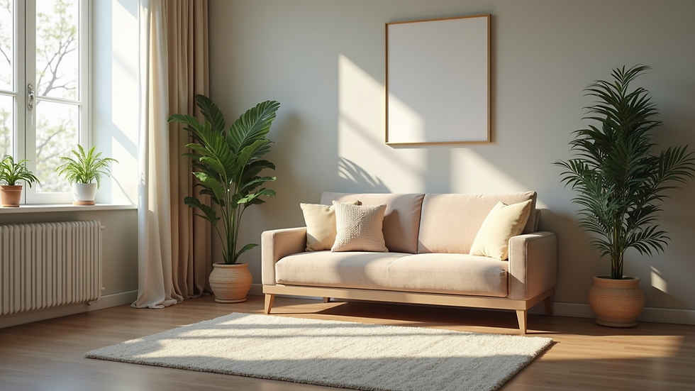 High angle view of a therapist's office with a comfortable couch and calming decor