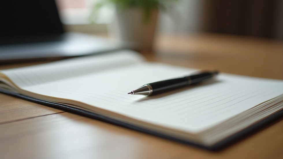 Close-up view of a journal and pen on a wooden desk, symbolizing reflective writing in therapy