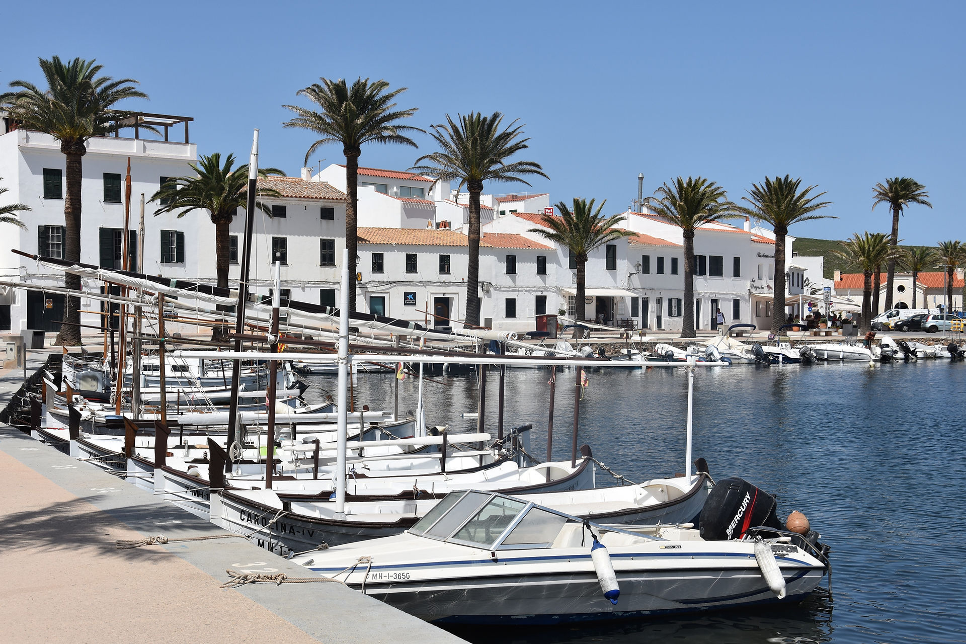 Maisons blanches, palmiers et petits bateaux dans le port de Fornells à Minorque